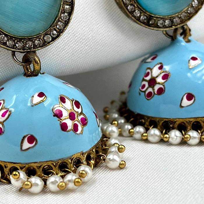 Beautiful Gold-Plated Jhumka Earrings with Turquoise Meenakari