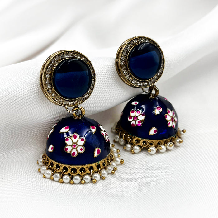 Beautiful Blue Meenakari Gold-Plated Jhumka Earring Set with Pearls