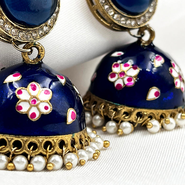 Beautiful Blue Meenakari Gold-Plated Jhumka Earring Set with Pearls