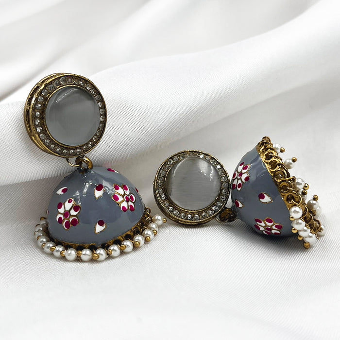 Gold-Plated Jhumka Earrings with Gray Meenakari Work and Pearls