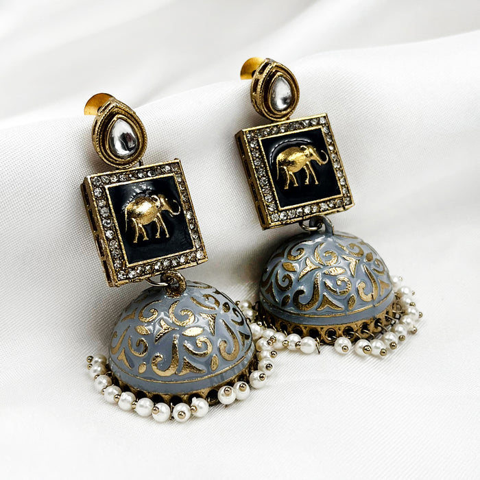 Gold-Plated Jhumka Earrings with Gray Elephant Design and Pearls