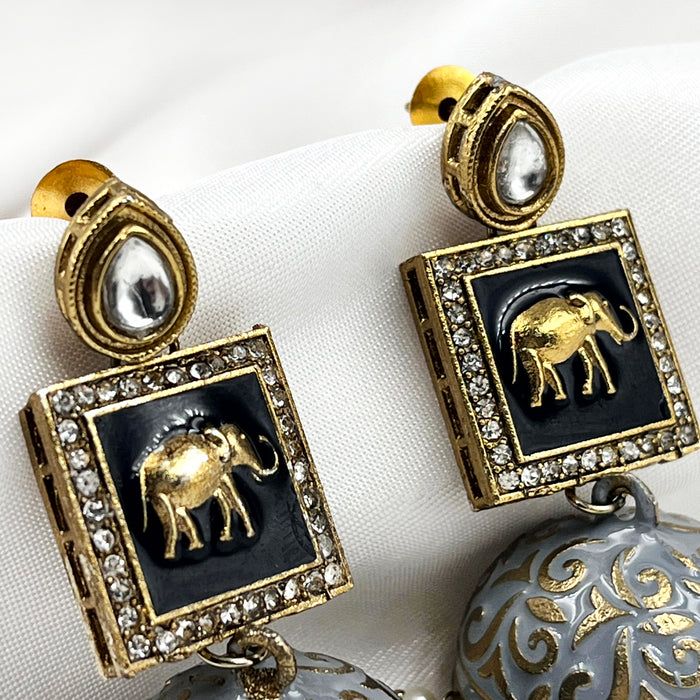 Gold-Plated Jhumka Earrings with Gray Elephant Design and Pearls