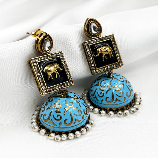 Gold-Plated Jhumka Earrings with Turquoise Blue Elephant Design