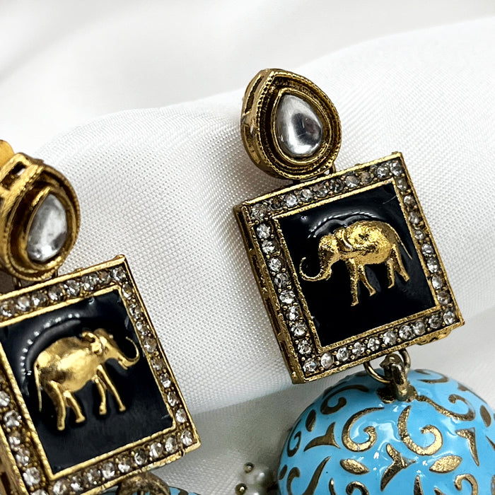 Gold-Plated Jhumka Earrings with Turquoise Blue Elephant Design