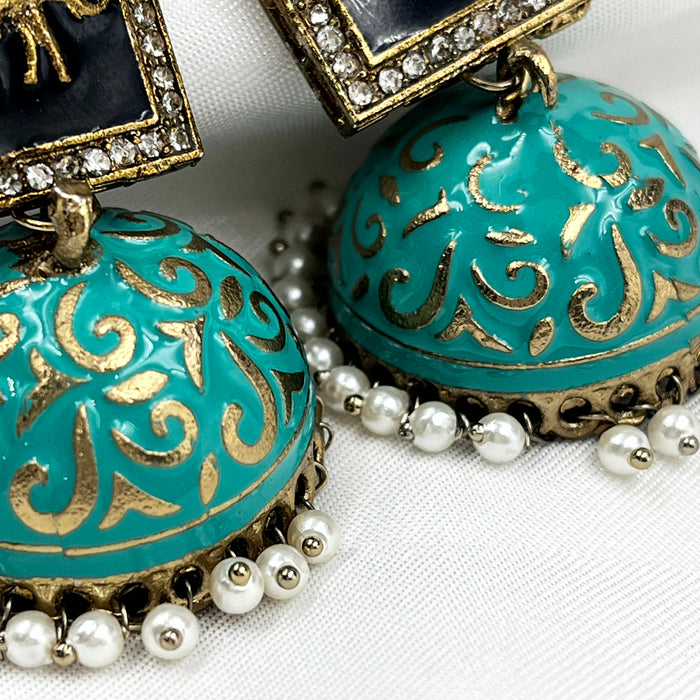 Gold-Plated Sea Green Meenakari Jhumka Earring Set For Women and Girls