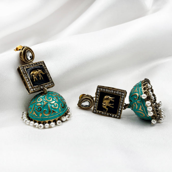 Gold-Plated Sea Green Meenakari Jhumka Earring Set For Women and Girls