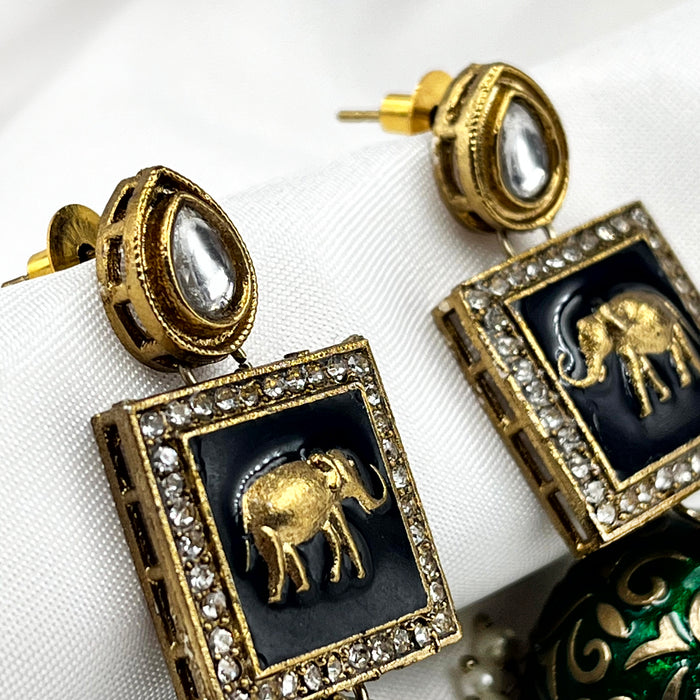 Beautiful Gold-Plated Olive Green Meenakari Jhumka Earring Set