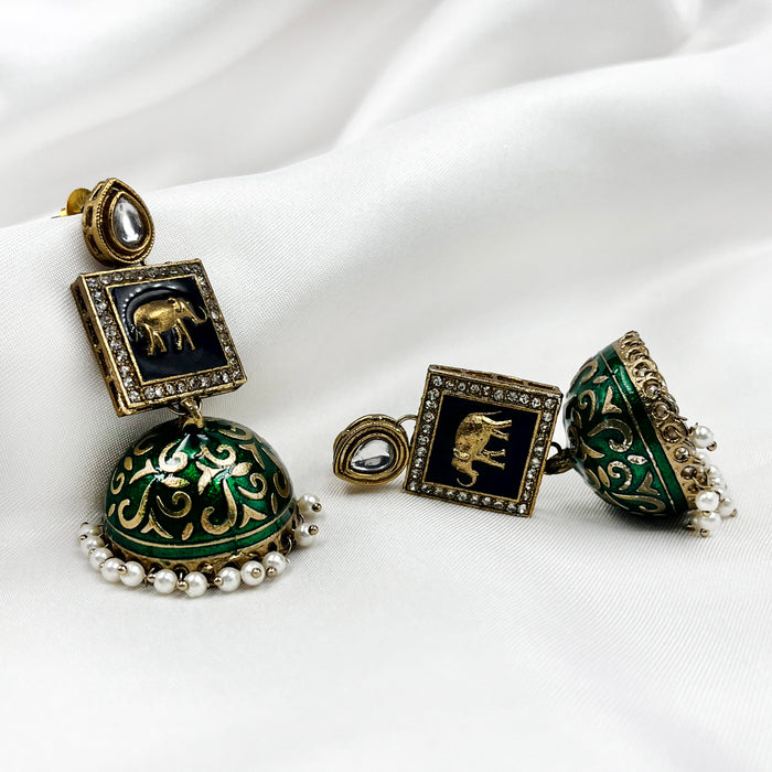 Beautiful Gold-Plated Olive Green Meenakari Jhumka Earring Set