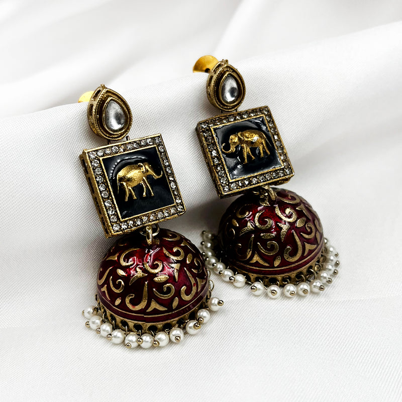 Beautiful Gold-Plated Red Meenakari Work Jhumka Earring Set with Pearls