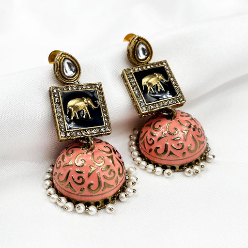 Beautiful Gold-Plated Jhumka Earrings with Peach Elephant Design and Pearls