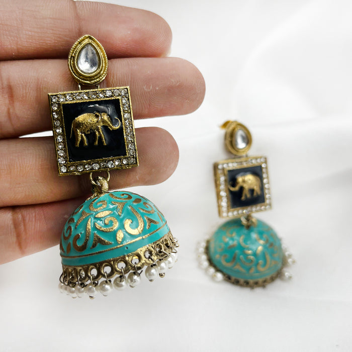 Gold-Plated Sea Green Meenakari Jhumka Earring Set For Women and Girls