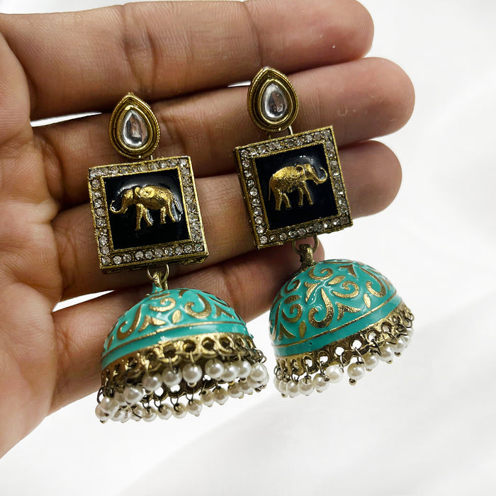 Gold-Plated Sea Green Meenakari Jhumka Earring Set For Women and Girls