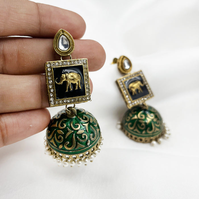 Beautiful Gold-Plated Olive Green Meenakari Jhumka Earring Set