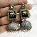 Gold-Plated Jhumka Earrings with Gray Elephant Design and Pearls