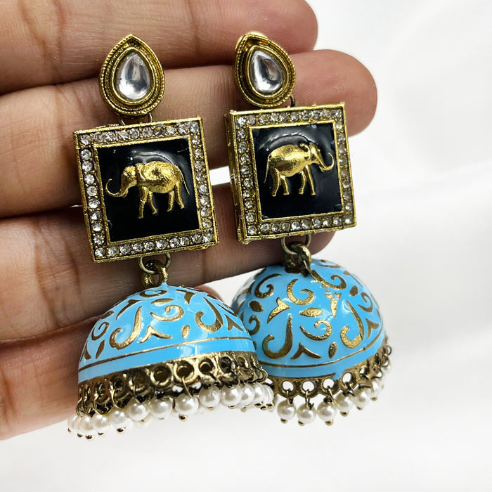 Gold-Plated Jhumka Earrings with Turquoise Blue Elephant Design