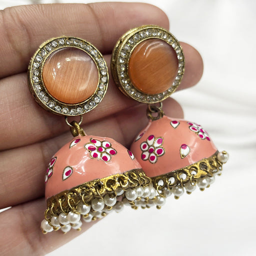 Gold-Plated Jhumka Earring Set with Peach Color Flower Design Meenakari Work and Pearls