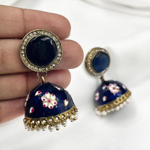 Beautiful Blue Meenakari Gold-Plated Jhumka Earring Set with Pearls