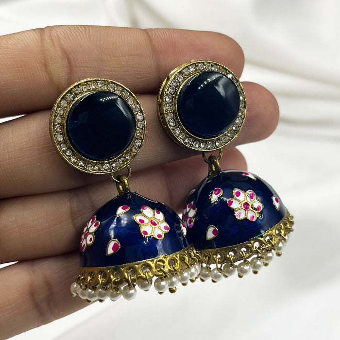 Beautiful Blue Meenakari Gold-Plated Jhumka Earring Set with Pearls