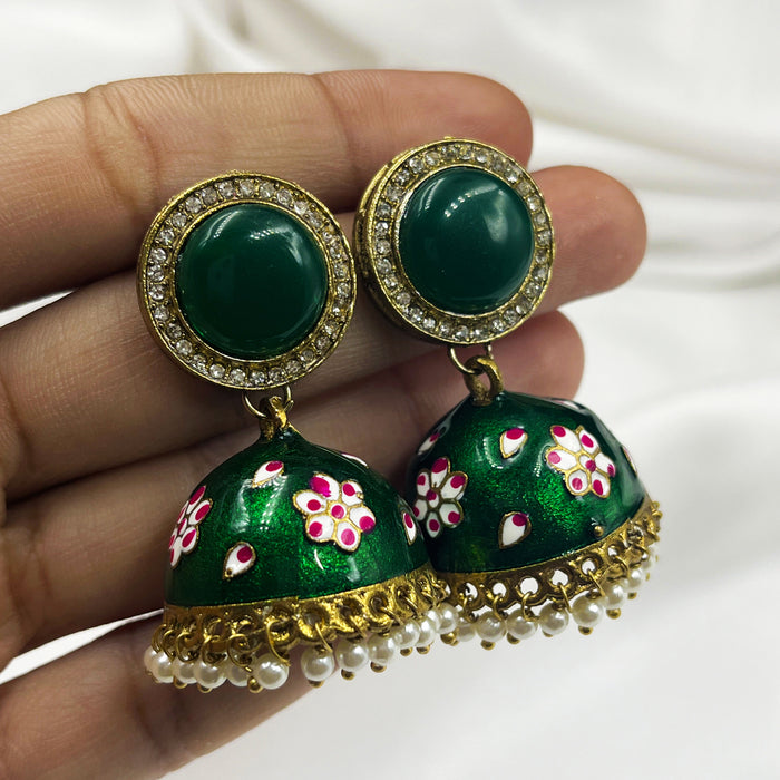 Gold-Plated Zhumka Earrings with Green Meenakari Work and Pearls