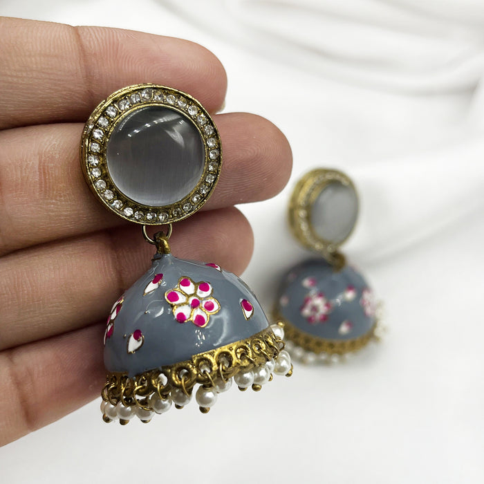 Gold-Plated Jhumka Earrings with Gray Meenakari Work and Pearls