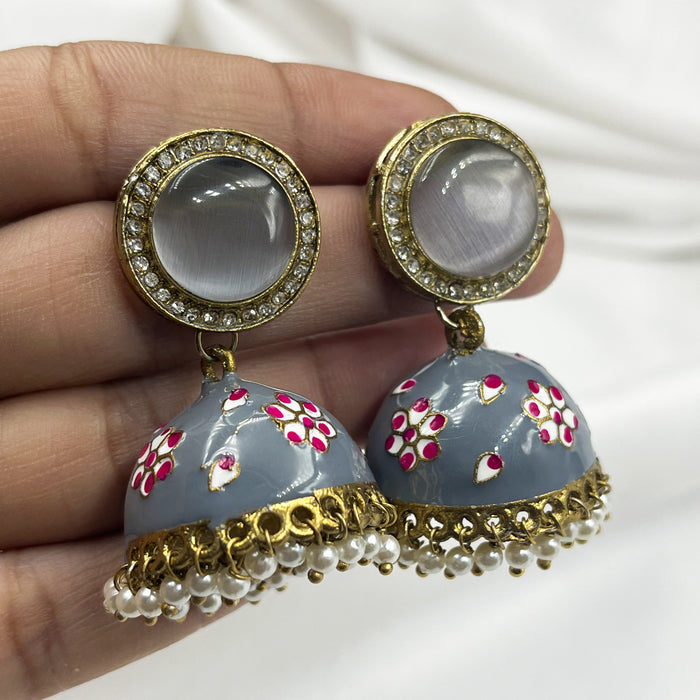 Gold-Plated Jhumka Earrings with Gray Meenakari Work and Pearls