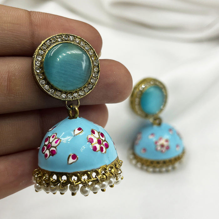 Beautiful Gold-Plated Jhumka Earrings with Turquoise Meenakari