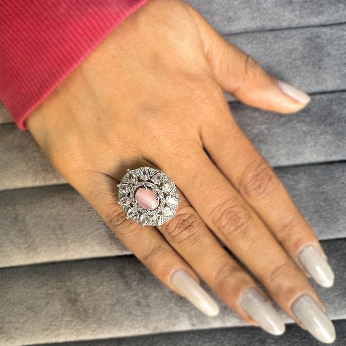 Elegant Rose Quartz Silver-Plated Ring