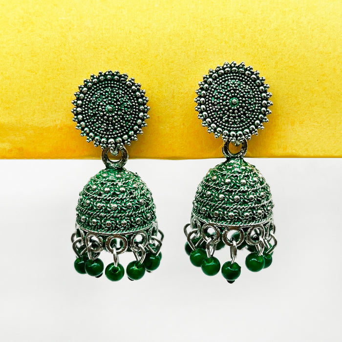 Chic Brass Jhumka Earrings with Green Oxidation