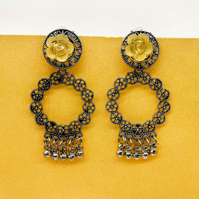 Elegant Silver Oxidized Dangle and Drop Earrings with Yellow Flower