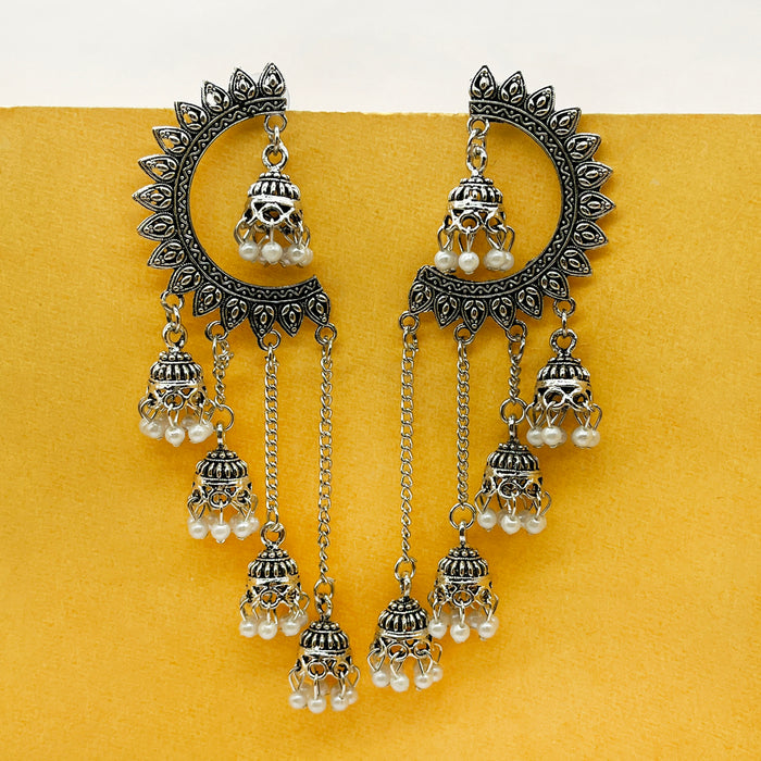 Fashion Trendy Silver Oxidized Dangle and Drop Earrings in White Pearls