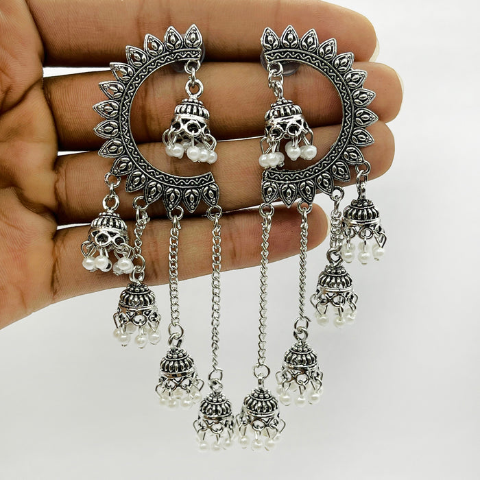 Fashion Trendy Silver Oxidized Dangle and Drop Earrings in White Pearls