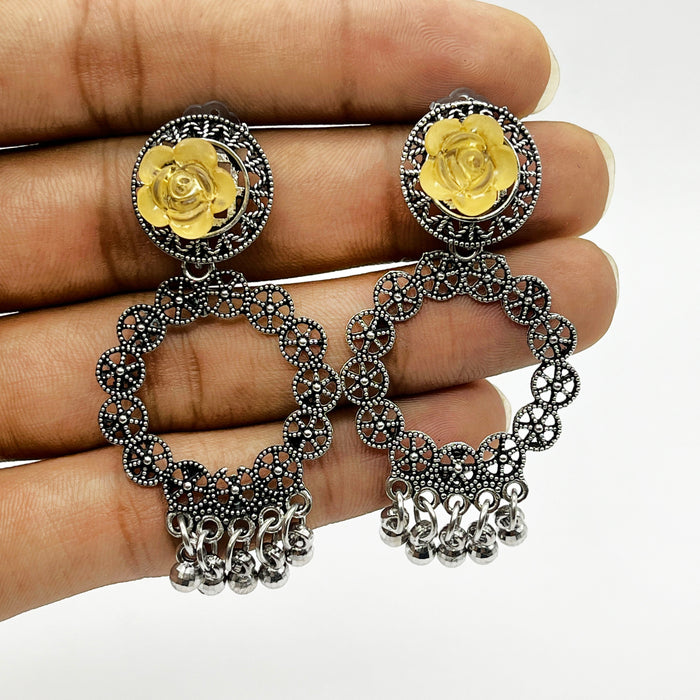 Elegant Silver Oxidized Dangle and Drop Earrings with Yellow Flower