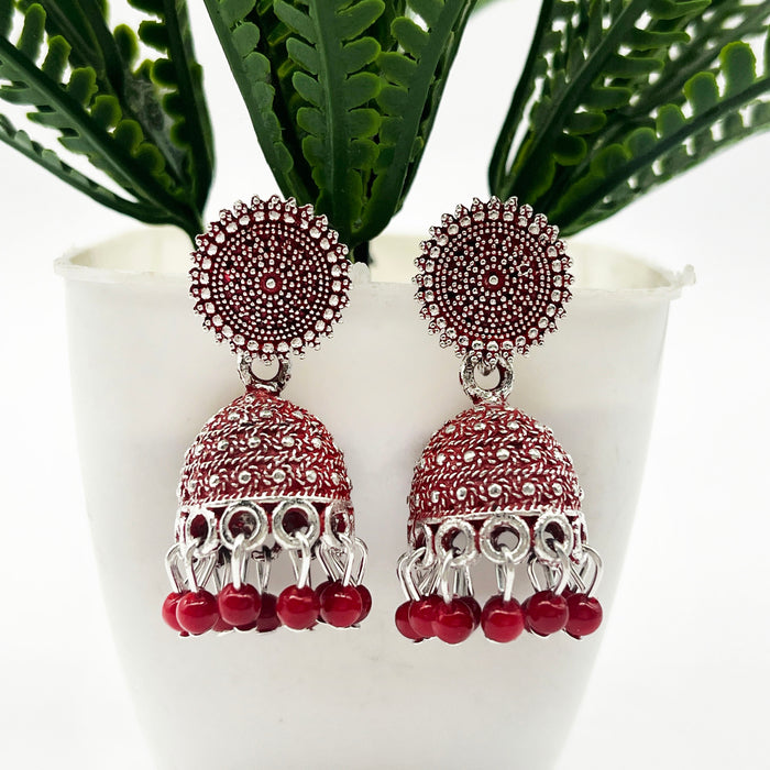 Women's Red Brass Oxidized Jhumka Earrings