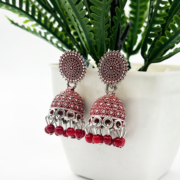 Women's Red Brass Oxidized Jhumka Earrings