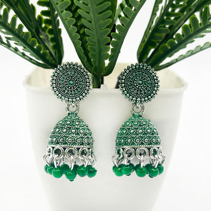 Chic Brass Jhumka Earrings with Green Oxidation