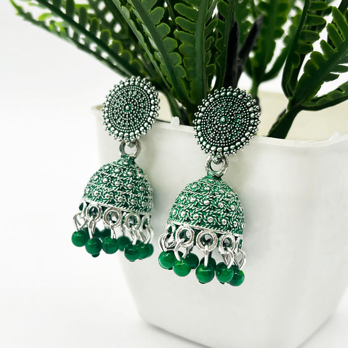 Chic Brass Jhumka Earrings with Green Oxidation