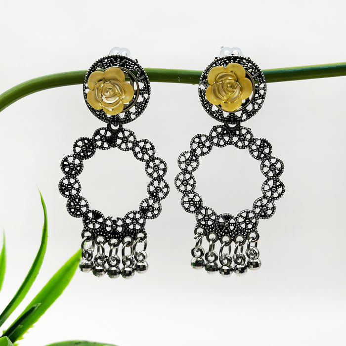 Elegant Silver Oxidized Dangle and Drop Earrings with Yellow Flower