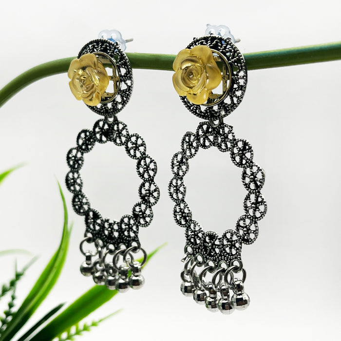 Elegant Silver Oxidized Dangle and Drop Earrings with Yellow Flower