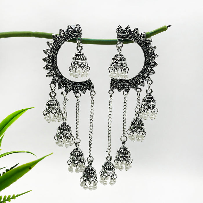 Elegant Silver Oxidized Dangle and Drop Earrings in White Pearls