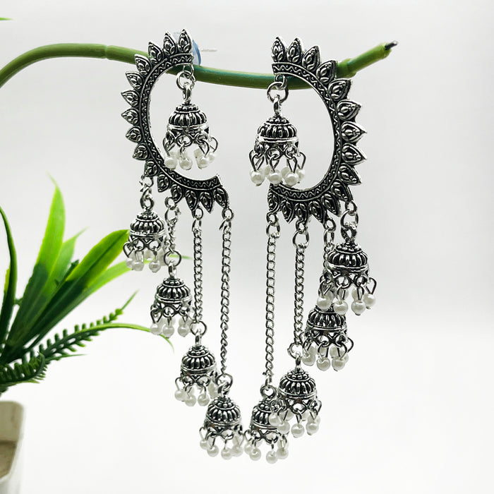 Fashion Trendy Silver Oxidized Dangle and Drop Earrings in White Pearls