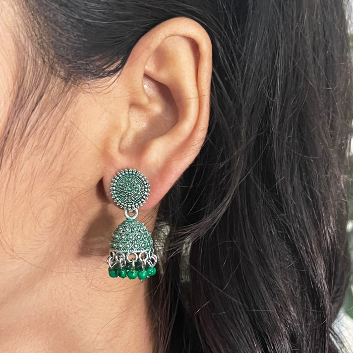 Chic Brass Jhumka Earrings with Green Oxidation