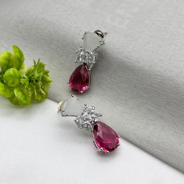 Beautiful Moonstone & Ruby studded Silver-Plated Drop Earrings