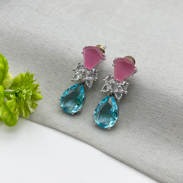 Beautiful Rose Quartz & Blue Topaz studded Silver-Plated Drop Earrings for Girls and Women