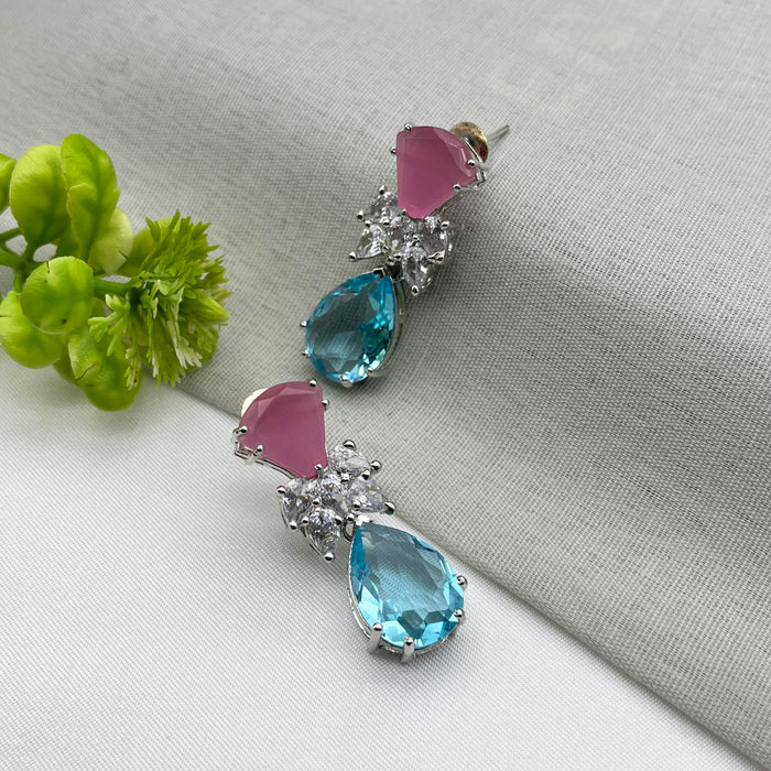 Beautiful Rose Quartz & Blue Topaz studded Silver-Plated Drop Earrings for Girls and Women