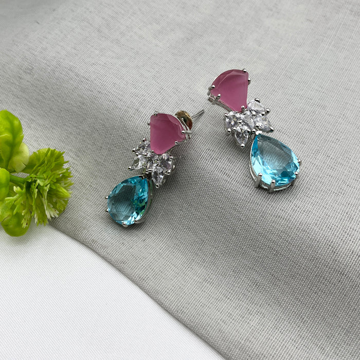 Beautiful Rose Quartz & Blue Topaz studded Silver-Plated Drop Earrings for Girls and Women