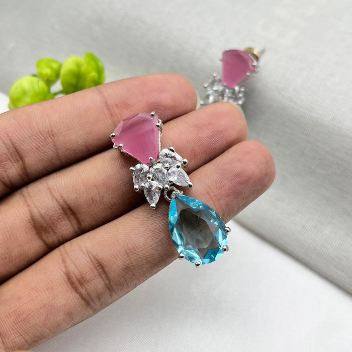 Beautiful Rose Quartz & Blue Topaz studded Silver-Plated Drop Earrings for Girls and Women