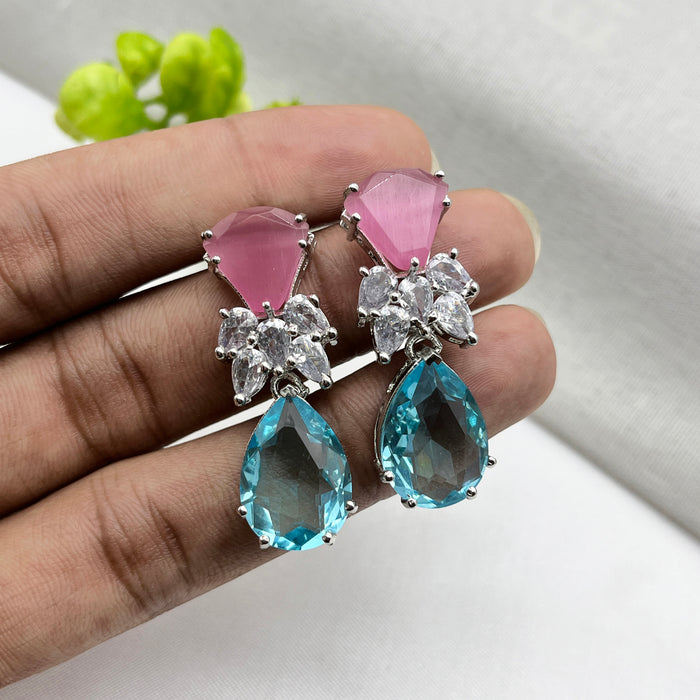 Beautiful Rose Quartz & Blue Topaz studded Silver-Plated Drop Earrings for Girls and Women