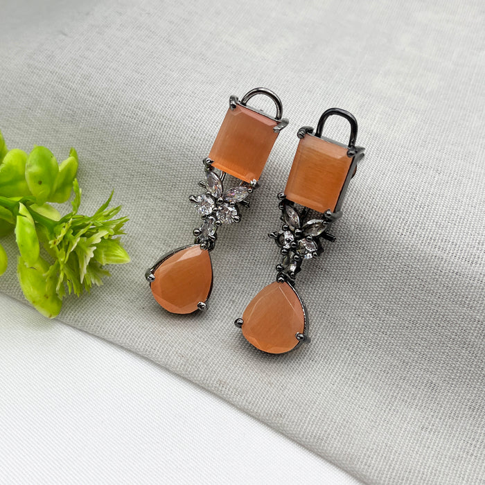 Party Wear Silver Plated Earrings studded with Orange Moonstone