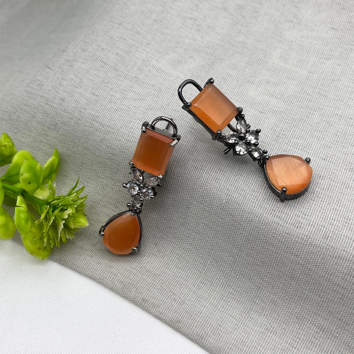 Party Wear Silver Plated Earrings studded with Orange Moonstone