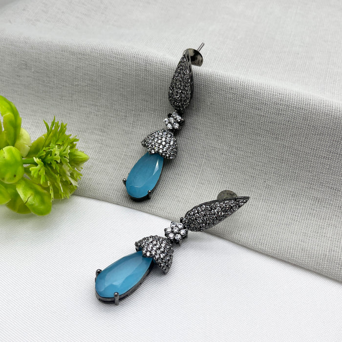 Black Silver-Plated Earrings with Blue Topaz & CZ Stones